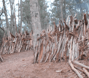 Making waterproof huts out of branches and logs. Photo by Jessie.