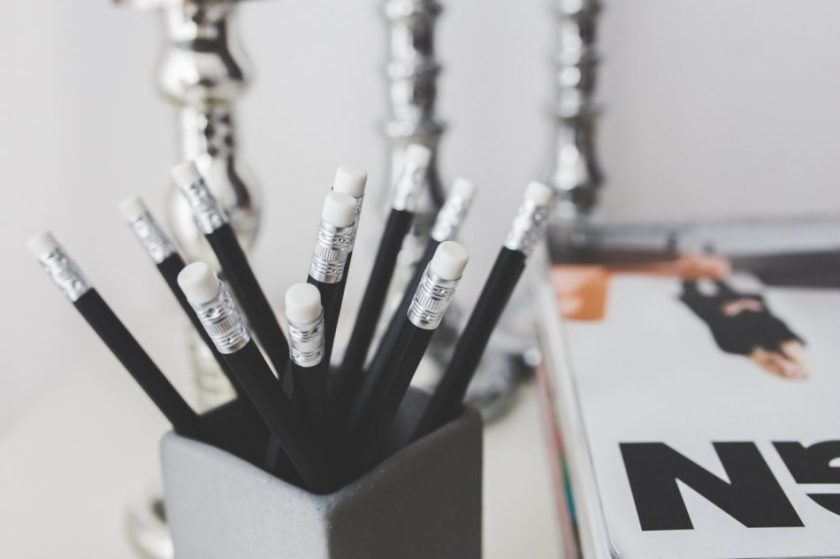 Box of pencils with erasers on the ends. Photo from pexels.com