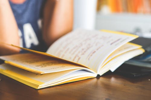 Close up on an open notebook with words highlighted. Photo courtesy of pexels.com