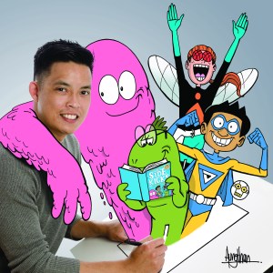 Gavin Aung Than with some of his characters