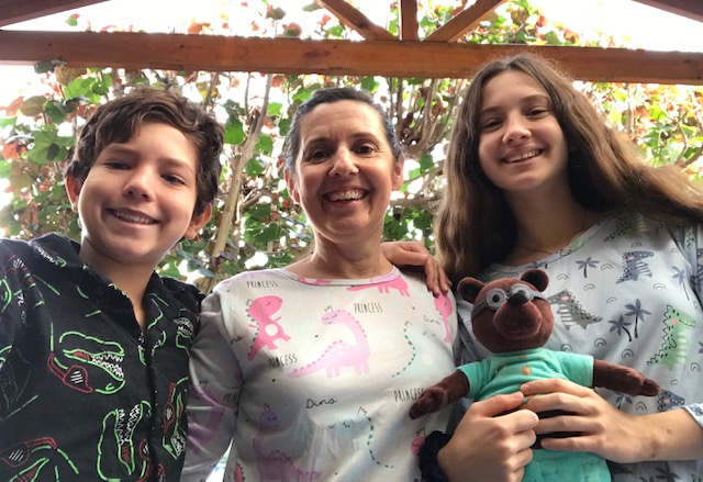 Sharon and her two kids in pyjamas