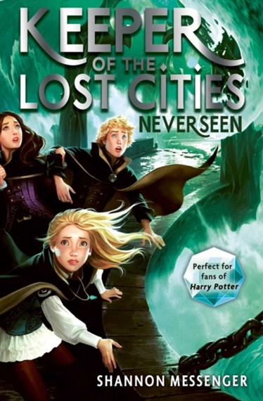 The image shows the cover of a children's fantasy novel: Neverseen by Shannon Messenger. The cover illustation shows three children in cloaks and with wind-blown hair rushing along a wooden bridge while a huge wave splashes up behind them.