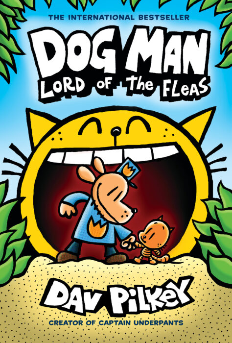 Image shows the cover of a children's graphic novel: Dog Man, Lord of the Fleas by Dav Pilkey. The cover illustration shows a cartoon-style illustration of a dog in a blue shirt and trousers standing in front of a giant cat-head cave, holding the hand of a small kitten.
