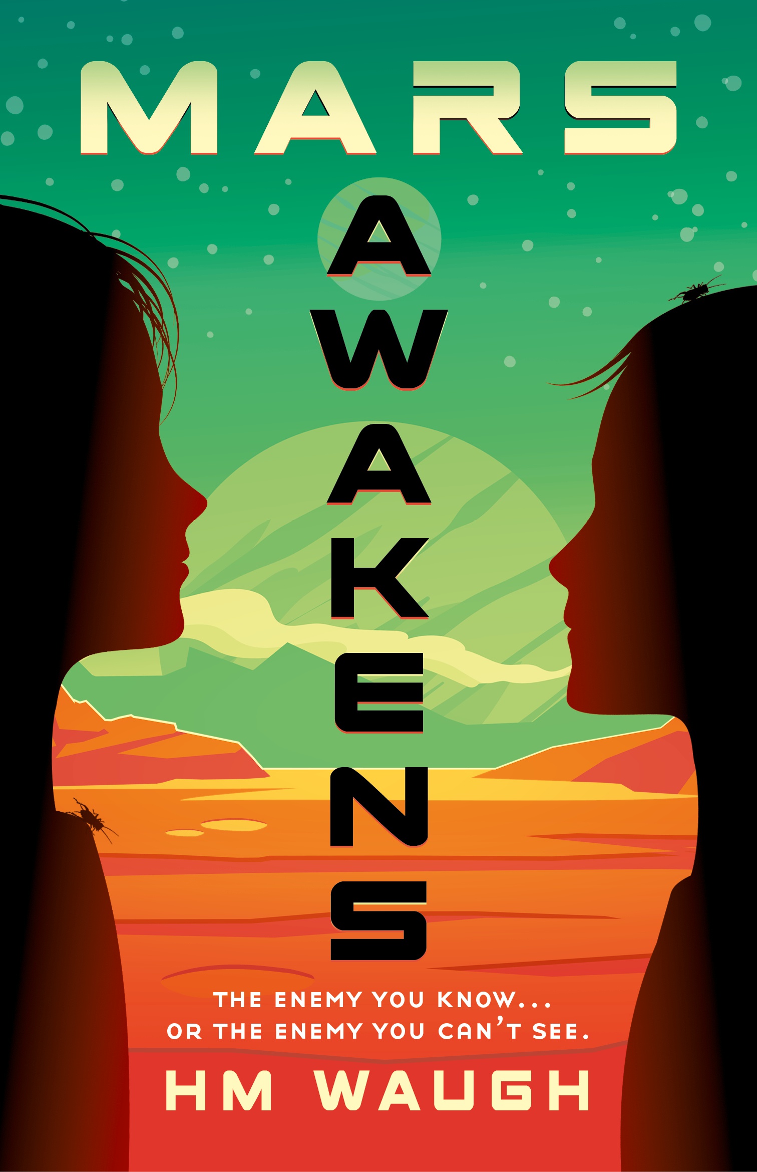 Image shows the cover of a children's novel: Mars Awakens by HM Waugh. The cover illustration shows the silhouettes of two children, standing face to face. Behind them is a greenish sky over the red ground on Mars.