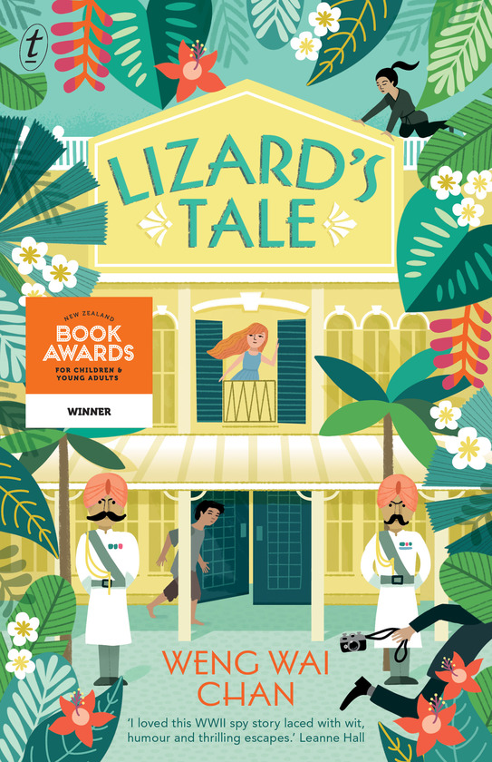 Image shows the cover of a children's novel: Lizard's Tale by Weng Wai Chan. The cover illustration shows a building in Singapore prior to World War II.