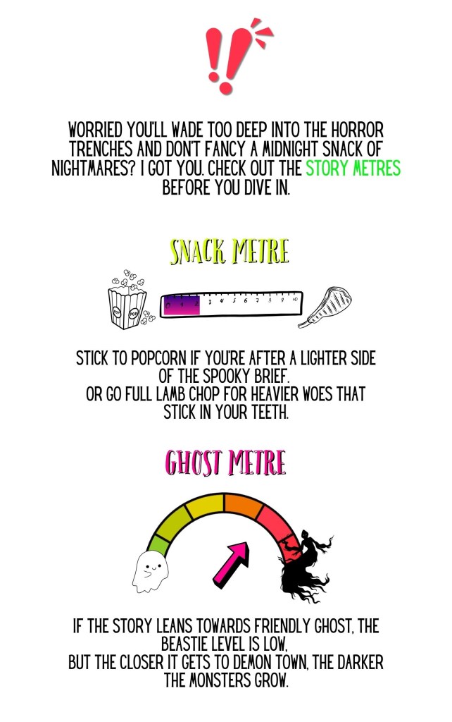 A poster explaining Fionna's metres or scales to measure the scariness and monster-loadedness of a short story.