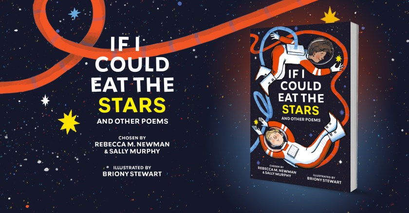 A poster showing the cover of a children's book against a Space themed background and text (rewritten in the caption of this image). 