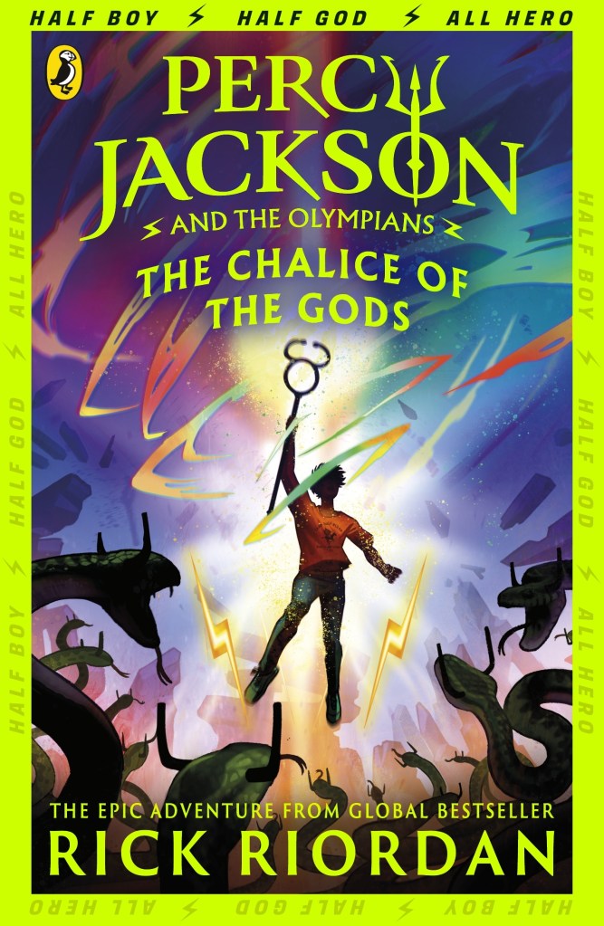 The cover of a children's novel: The Chalice of the Gods, by Rick Riordan.